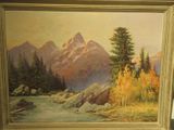 a picture of a painting of a mountain scene