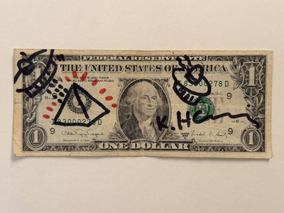 a one dollar bill with graffiti written on it