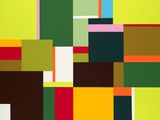 an abstract painting of squares of different colors on a green background