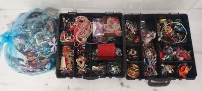 une boîte noire remplie de bijoux divers et un sac bleu