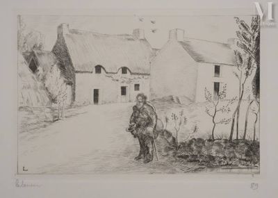 une image représentant un dessin d'un homme promenant son chien sur une route