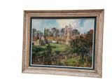 tableau représentant une scène de campagne avec une maison et des arbres en arrière-plan