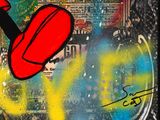 painting of a mickey mouse holding a red paddle on a black background
