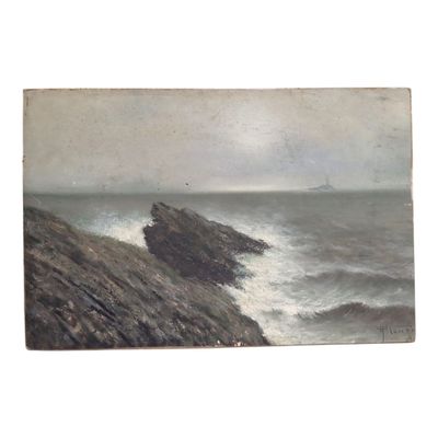 Louis PROUST (1877-1944) Vagues sur les rochers avec phare a…