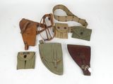 several different types of leather and canvas items on a white surface