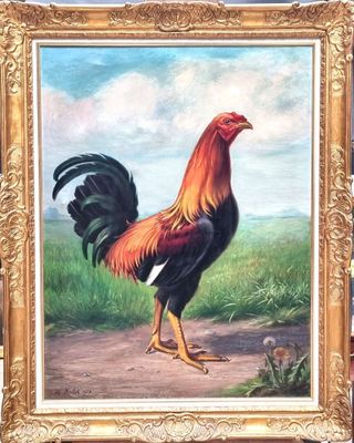 Eg. NOULET (XIX-XXe). "Le coq de combat", huile sur toile, s…