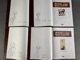 four pages of a book with drawings of people and animals on them