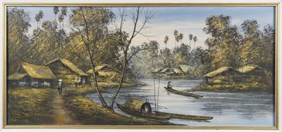 Vietnam, XXe siècle, Huile sur toile représentant des embarc…