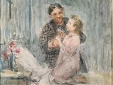 painting of a man and a little girl sitting on a table
