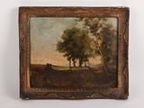 une peinture à l'huile représentant un paysage avec des arbres et une vache dans un champ