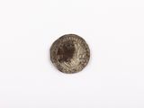 a close up of a coin on a white surface with a white background