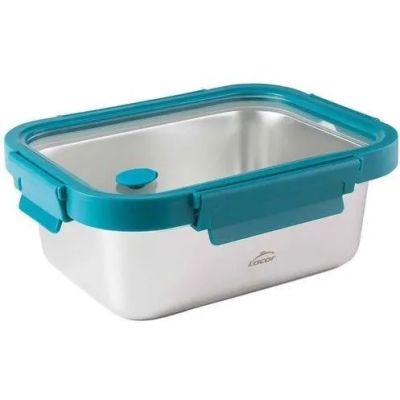 une boîte à repas bleue et blanche avec un couvercle