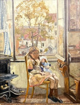 a painting of a woman sitting in a chair in front of a window