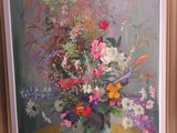 a painting of a vase of flowers on a table
