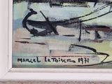 an image of a painting of a boat in a body of water with buildings in the background