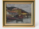 a picture of a painting of a boat in the water