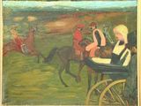 a painting of a horse race with jockeys and horses