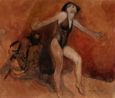 une image représentant un tableau où l'on voit une femme en maillot de bain debout à côté d'un cheval