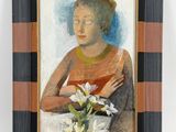 painting of a woman with a flower in a vase on a wall