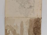 an old book with a drawing of a mountain and a river