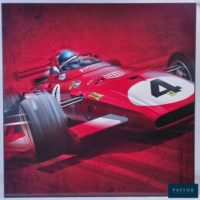 an image of a painting of a racing car on a red background