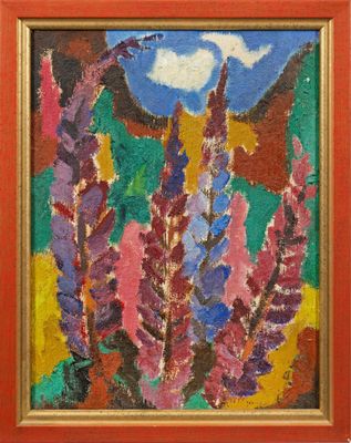 a painting of flowers in a red frame on a white background