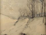 drawing of a snowy landscape with trees and a road in the foreground