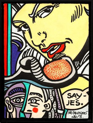 tableau représentant une femme en train de manger un beignet devant un miroir
