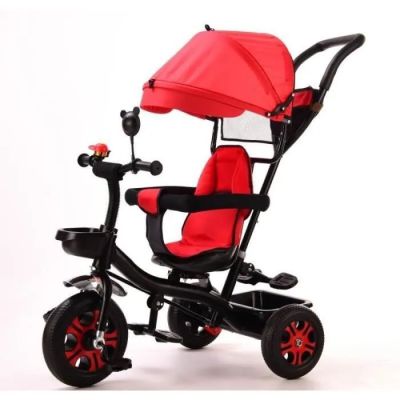 tricycle rouge et noir avec un parapluie sur fond blanc