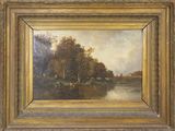 une peinture à l'huile représentant une scène fluviale avec des arbres et une maison