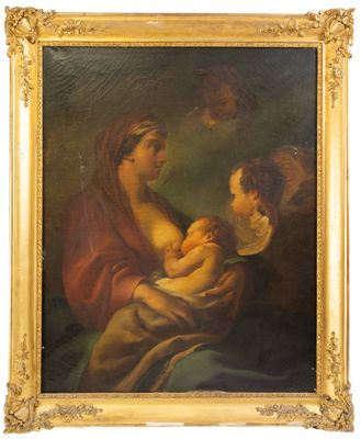une peinture représentant une femme tenant un bébé dans ses bras