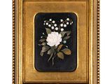 une peinture représentant une rose blanche et un muguet sur fond noir