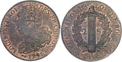 une pièce de monnaie sur laquelle figurent une femme et une épée