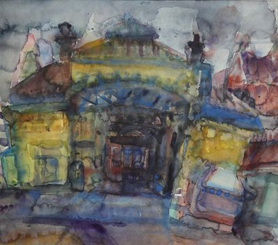 une aquarelle représentant un immeuble dans la rue
