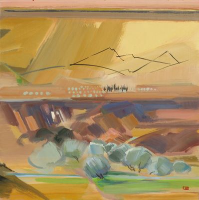 an oil painting of a train traveling down a track next to a forest
