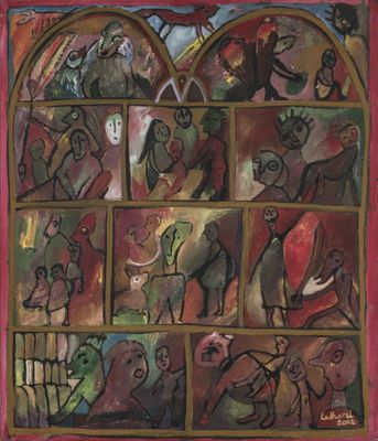 an image of a painting of people in a window with many faces