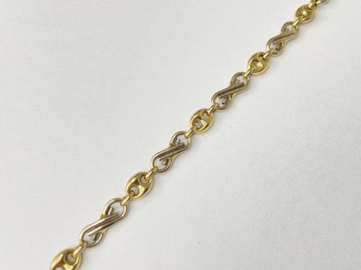 a close up of a gold chain on a white surface