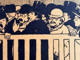 a drawing of a group of men standing behind a fence