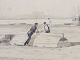 a watercolor painting of a group of people on the beach