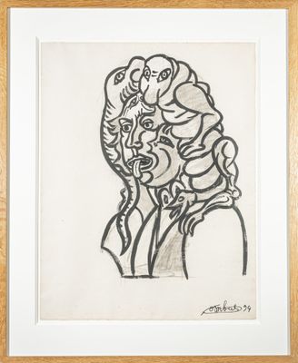 a black and white drawing of a woman with a bird on her shoulder