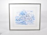 framed watercolor painting of a house on a lake with a boat