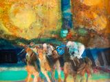 painting of jockeys and their horses in the middle of a race