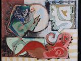 a painting of a cat and a bird on a table