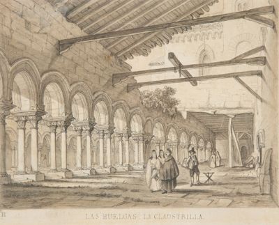 drawing of a courtyard with arches and arches and people walking around