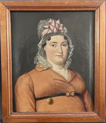 a painting of a woman in a brown dress and a pink hat