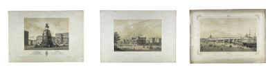 three framed photographs of a city with a clock tower in the background