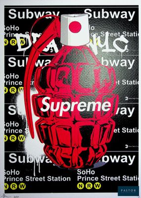 affiche représentant une grenade à main rouge sur laquelle est inscrit le mot « supreme »