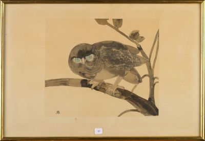 a painting of a bird sitting on a tree branch