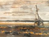 une peinture d'un bateau dans l'eau sur la plage