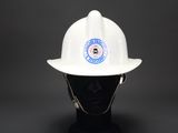 a close up of a white hard hat on a mannequin head